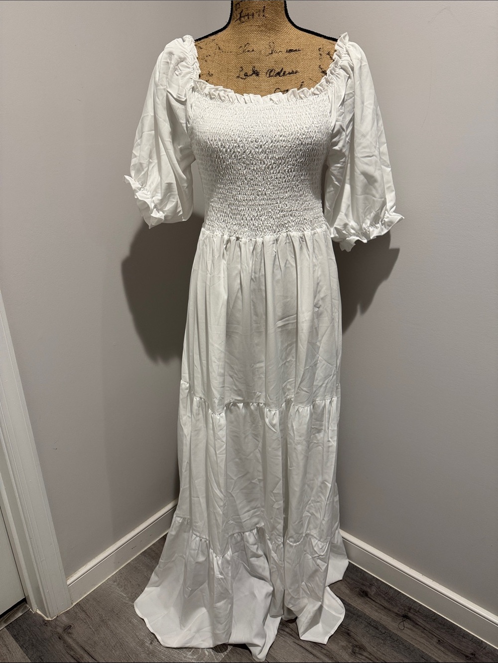 NWT White Smocked Maxi Dress with Puff Sleeves